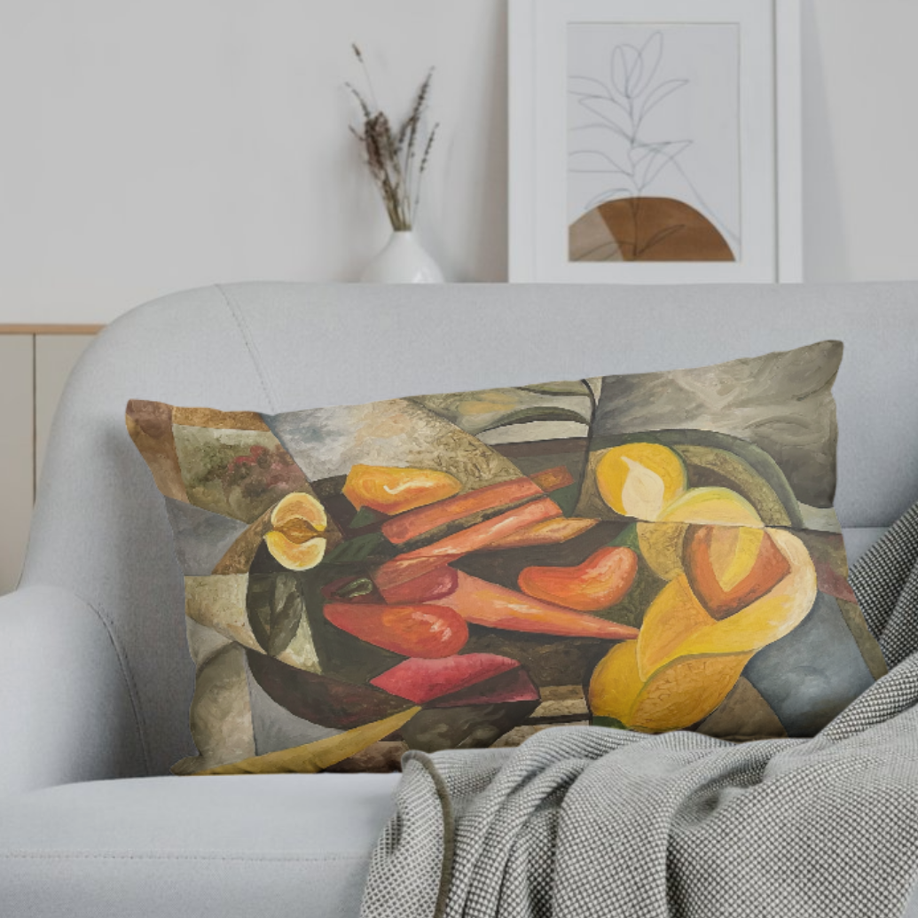 Decorative pillow with abstract design on a gray sofa in a living room setting.